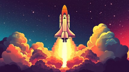 Space Shuttle Ascending Through Colorful Clouds and Stars
