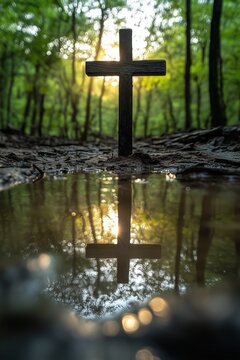A deep forest clearing where a shimmering stream reflects the image of a cross standing tall amidst a chorus of birdsong and rustling leaves