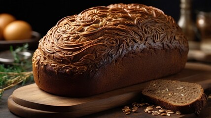 A loaf of artisan bread with intricate carvings on top sits on a wooden cutting board with a slice cut off and scattered grains.
