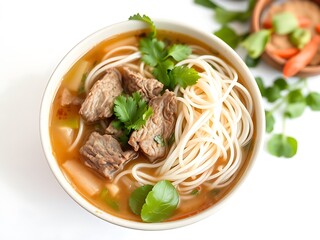 Delicious Beef Noodle Soup Recipe: Overhead Shot. AI Generated