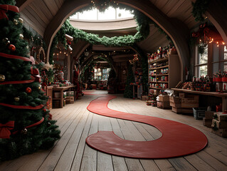 Santa’s workshop filled with toys, colorful ribbons, surrounded by holiday cheer