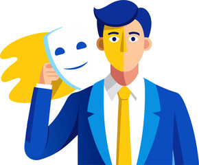 man removing mask symbolizing honesty and self-discovery on transparent background.

