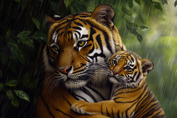Fototapeta premium A beautiful tiger mother with her cubs, sitting on a tree trunk in the rain