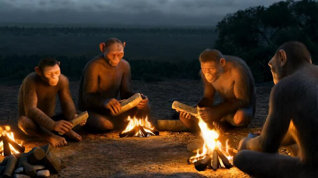 Prehistoric Humans Using Primitive Tools Around a Campfire
