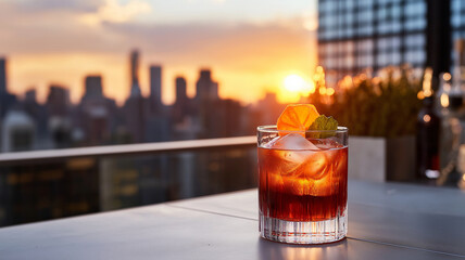 refreshing cocktail with ice, garnished with mint, against sunset skyline