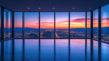 Fototapeta premium Night view of empty office with curtain wall showing city lights beyond