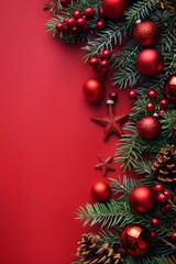 Festive Christmas decorations with red ornaments and greenery set against a bright red backdrop. Space for text