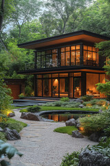 Obraz premium maison moderne, avec jardin japonais, zen, plan extérieur maison 3D réaliste, HDR, photographie immobilière, décoration, tendance, architecte, design, mode, fonctionnel, moderne, élégant