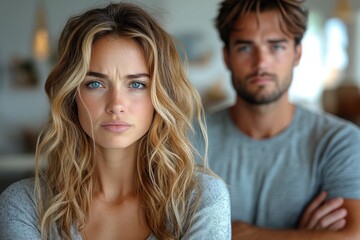 Fototapeta premium Close-up of a woman with a concerned and serious expression symbolizing tension and conflict in a relationship. This image can be used by designers, artists and advertisers specializing in emotional