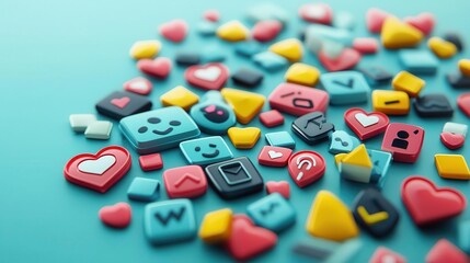 Cyberbullying concept, shattered social media icons with harsh comments, digital awareness, 3D illustration