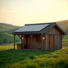 Obraz premium Eco-friendly mountain cabin. A rustic wooden cabin with solar panels on the roof is nestled in a picturesque mountain meadow at sunset.