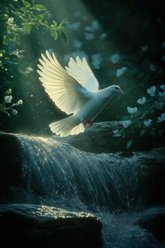 A shimmering waterfall cascading over a rocky cliff, forming a pool of crystal-clear water at its base where a white dove alights, bathed in gentle sunlight as a symbol of purity and peace 