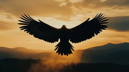 Silhouette of an eagle soaring through the sky at sunset with mountains in the background.