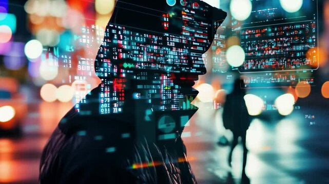 A male hacker is standing among stocks with a hood over his head. The picture is blurry and gives a feeling of mystery and unease.