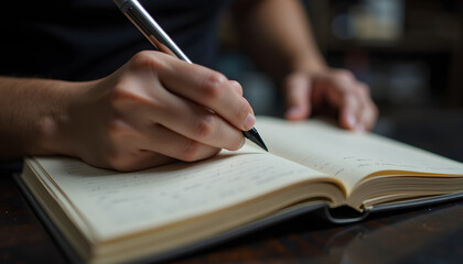 person journaling with a pen on a notebook capturing thoughts and moments