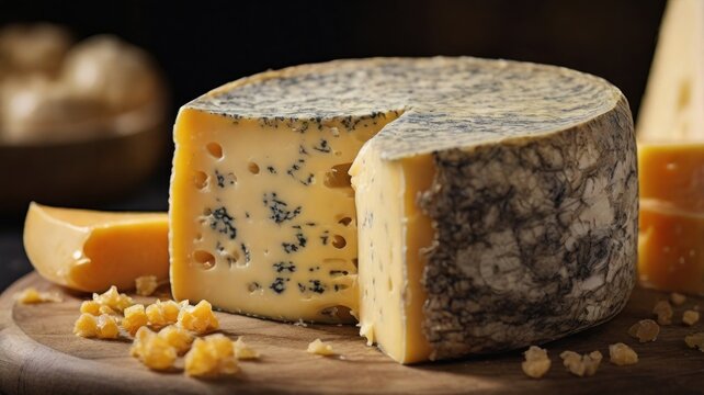 A close-up of a round wheel of blue cheese with a slice cut out, on a wooden board with cheese shavings.