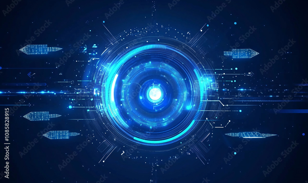 Poster Glowing blue circles and lines form a complex digital interface