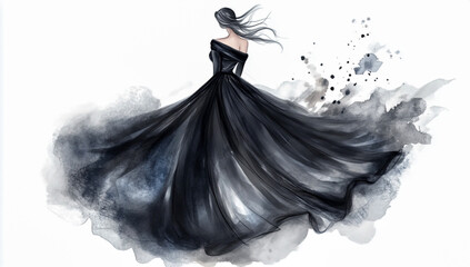 Fototapeta premium A black dress with a skirt, a fashion illustration depicting an elegant and sophisticated style on a white background.