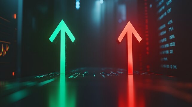 Green and red arrows ascend, symbolizing contrasting market trends. Data streams blur in the background, adding a dynamic feel to the image.