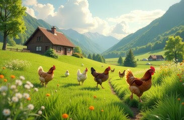 Chickens stand in a grassy field in front of a house