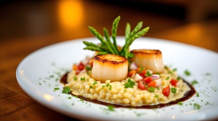 Gourmet Seared Scallops with Risotto and Asparagus