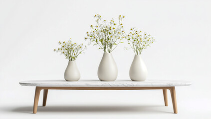 A coffee table with a white marble top and wooden legs
