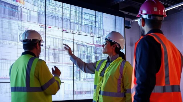 Engineering Vision: A team of engineers, wearing hard hats and safety vests, collaborate in a high-tech environment, pointing to a large digital screen displaying a building plan.  