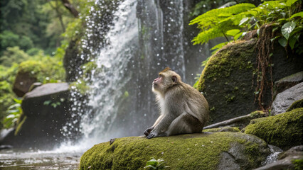 Obraz premium Monkey Sitting Under a Waterfall