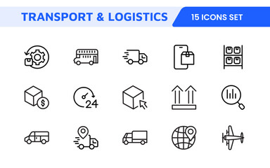 Transport and Logistics Icon Collection. High-Quality Icons for Shipping, Delivery, Freight, Fleet Management, Cargo Handling, and Supply Chain Optimization