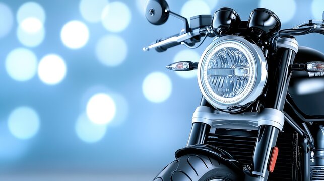 Elegant black motorcycle headlight and handlebar in artistic blur for creative display at motorcycle exhibition