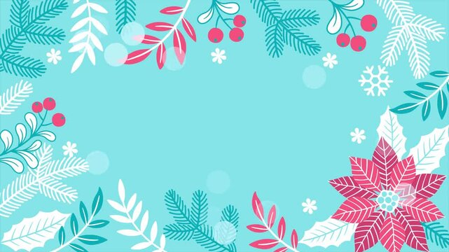 Motion graphics Christmas frame with poinsettia, Christmas tree branches, mistletoe on a blue background. 4K animation