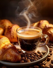 Steaming cup of espresso surrounded by croissants, rich coffee aroma captured visually