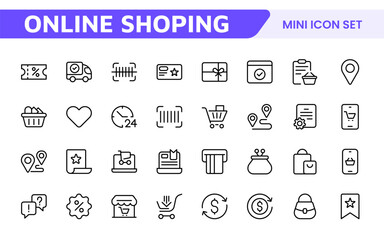 Shopping Icon Set. Vibrant and engaging icons for enhancing e-commerce platforms, perfect for product listings, cart management, and checkout processes to elevate the online shopping experience.