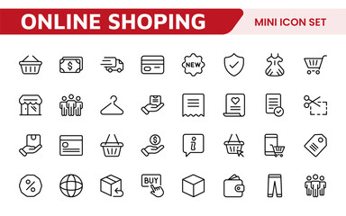 Shopping Icon Set. Vibrant and engaging icons for enhancing e-commerce platforms, perfect for product listings, cart management, and checkout processes to elevate the online shopping experience.