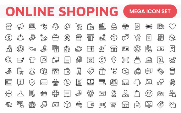 Shopping Icon Set. Vibrant and engaging icons for enhancing e-commerce platforms, perfect for product listings, cart management, and checkout processes to elevate the online shopping experience.