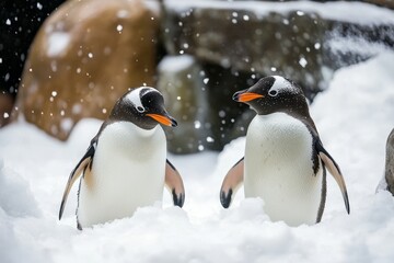Obraz premium Explore the delightful realm of playful penguins amidst a sparkling snowy wonderland