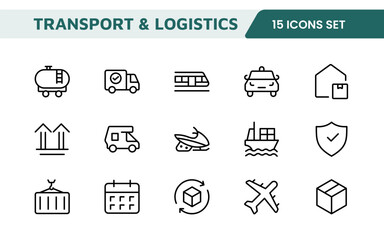 Transport and Logistics Icon Collection. High-Quality Icons for Shipping, Delivery, Freight, Fleet Management, Cargo Handling, and Supply Chain Optimization