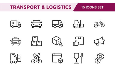 Transport and Logistics Icon Collection. High-Quality Icons for Shipping, Delivery, Freight, Fleet Management, Cargo Handling, and Supply Chain Optimization
