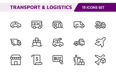 Transport and Logistics Icon Collection. High-Quality Icons for Shipping, Delivery, Freight, Fleet Management, Cargo Handling, and Supply Chain Optimization