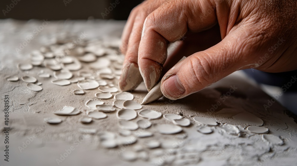 Poster Handcrafting a Unique Texture with Fingers on White Plaster Surface, Artist Creating Detailed Design with Focus on Fine Skills and Artistic Expression in Studio Setting