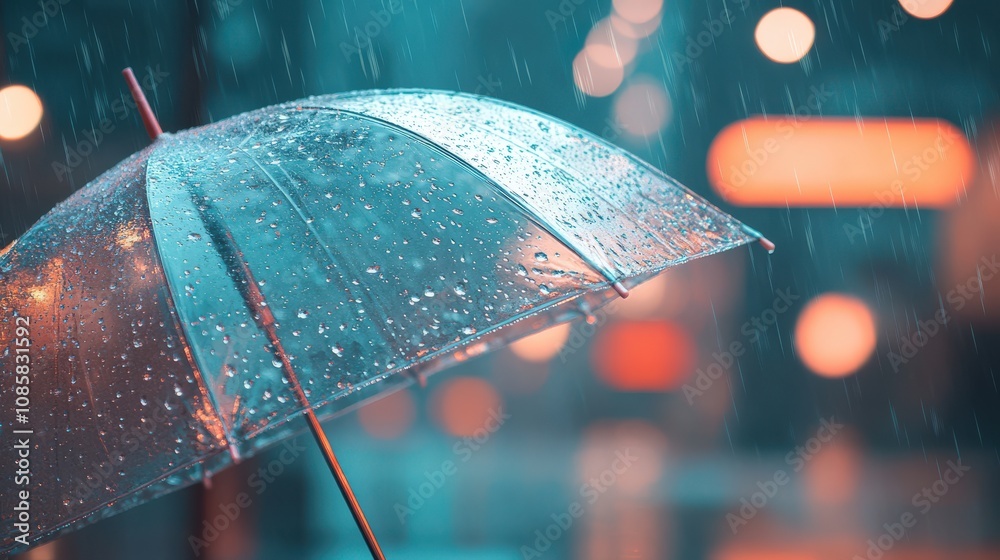 Poster close-up of a raindrop-covered umbrella in a vibrant city setting during a rain shower, creating a s