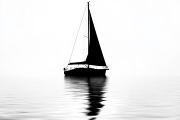 Fototapeta premium Black silhouette of a sailing boat on calm waters on a white background.