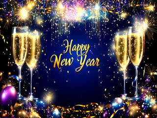 AI-Generated image of A poster with a background of fireworks and a message that says Happy New Year. There are four glasses of champagne on the poster