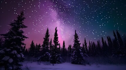 Fototapeta premium Snowy pine forest with the Milky Way and vivid auroras, creating a magical winter stargazing experience