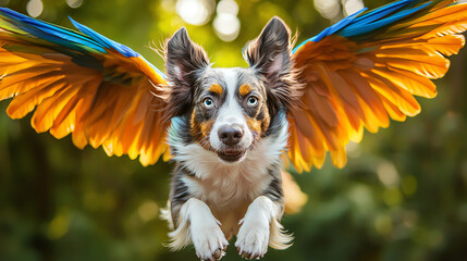 A playful dog with vibrant parrot wings soaring through a sunny garden, showcasing a whimsical blend of nature and imagination