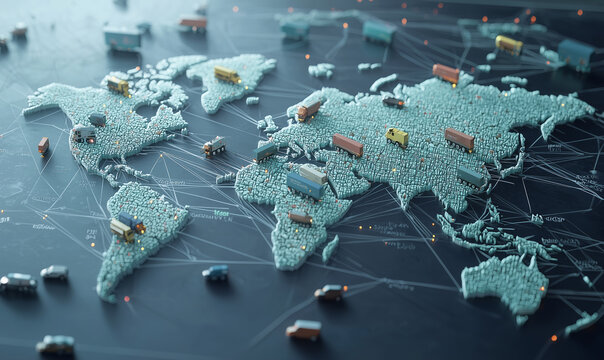 Fototapeta A detailed map of global trade routes for online shopping, with delivery vehicles truck crisscrossing continents.