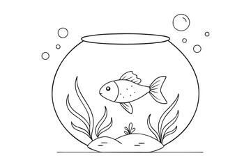 Goldfish Line Drawing A Serene Fish Bowl Scene with Aquatic Plants and Pebbles