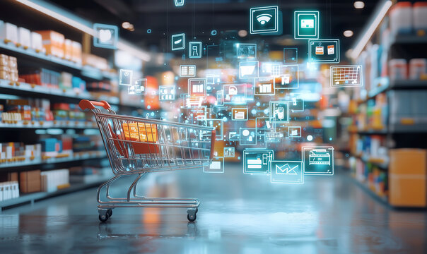 A digital shopping cart amidst a modern store, surrounded by floating icons representing various products and services.