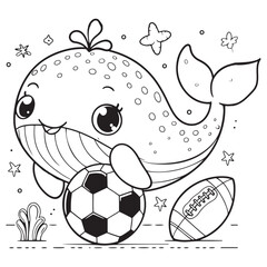 Cute Whale Playing Football Coloring Page, Cartoonish Style