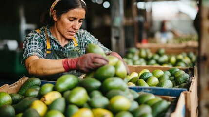Fototapeta premium Female Worker Sorting Fresh Avocados in a Warehouse